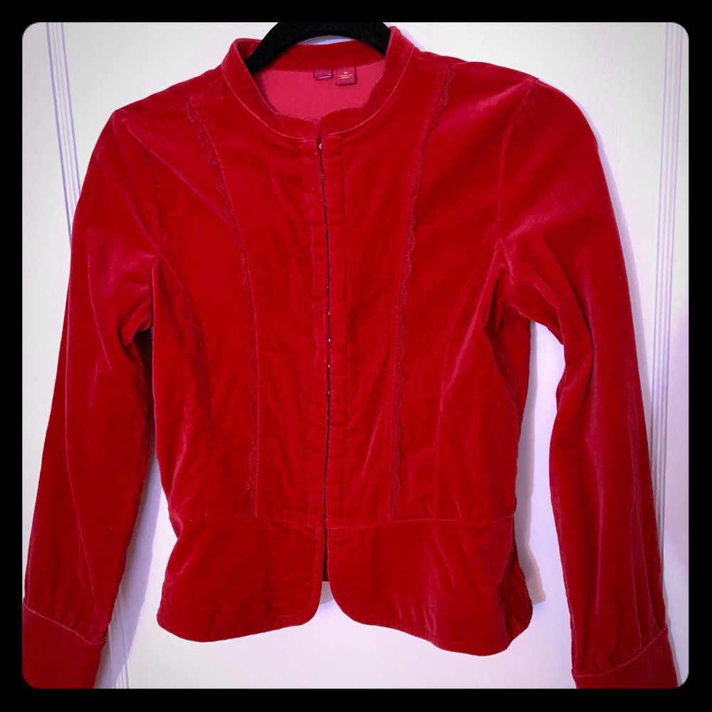 Women's Red Velvet Collarless Blazer Jacket